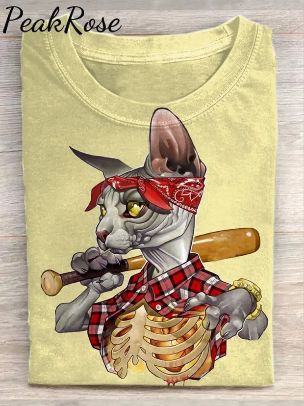 Unisex Hip Hop Cat Art Illustration Printed Casual Cotton Crew Neck T-Shirt As Picture / S