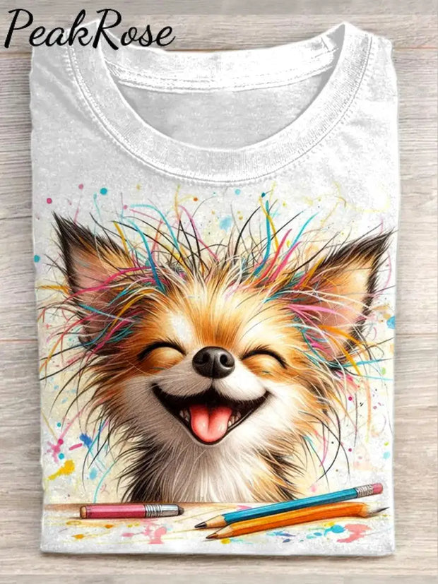 Unisex Line Cute Puppy Illustration Printed Casual Cotton Round Neck T-Shirt As Picture / S