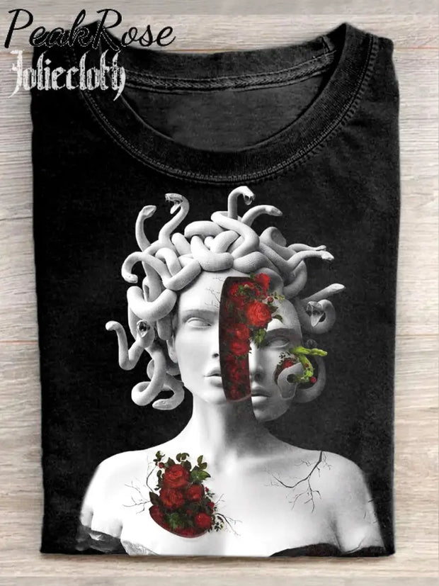 Unisex Medusa Plaster Statue Art Illustration Printed Casual Cotton Crew Neck T-Shirt As Picture / S