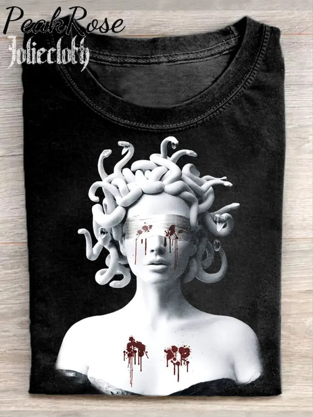 Unisex Medusa Plaster Statue Art Illustration Printed Casual Cotton Crew Neck T-Shirt As Picture / S