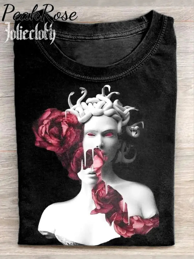 Unisex Medusa Plaster Statue Art Illustration Printed Casual Cotton Crew Neck T-Shirt As Picture / S