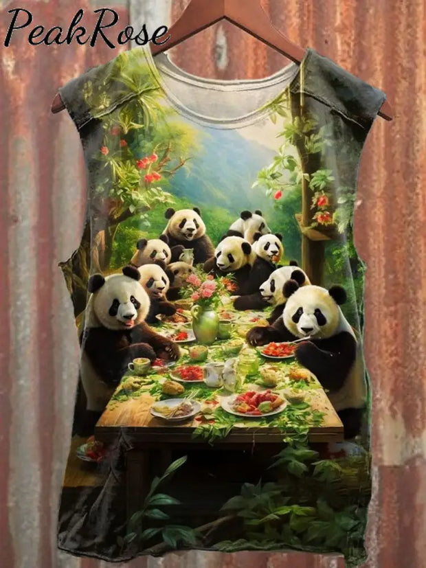 Unisex Panda Party Art Illustration Printed Casual Cotton Tank Top As Picture / S