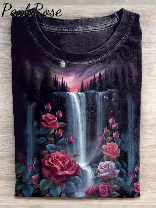 Unisex Psychedelic Waterfall Landscape Art Illustration Casual T-Shirt As Picture / S