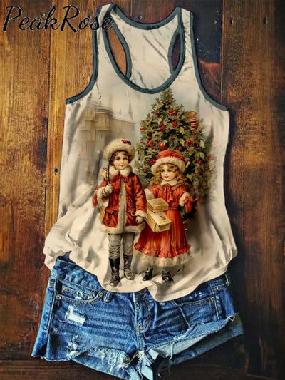 Unisex Retro Christmas Art Illustration Printed Casual Cotton Tank Top As Picture / S