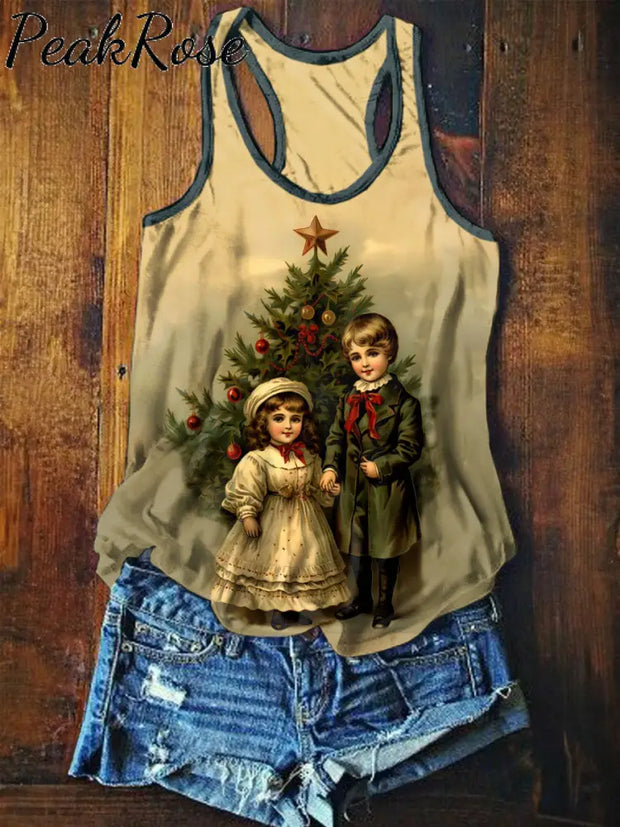 Unisex Retro Christmas Art Illustration Printed Casual Cotton Tank Top As Picture / S