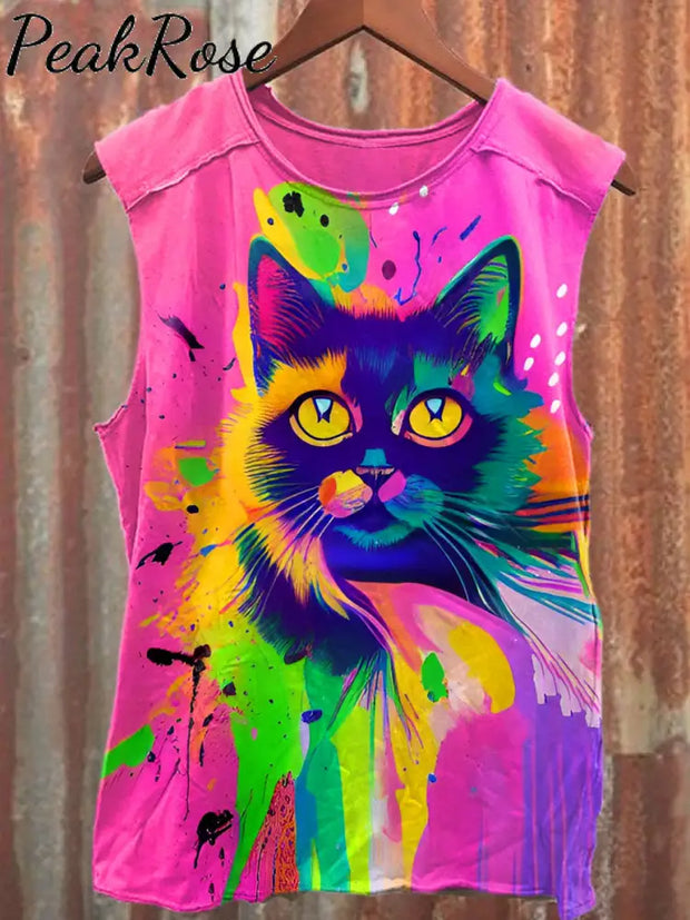 Unisex Retro Colorful Cat Art Illustration Printed Casual Cotton Tank Top As Picture / S