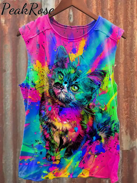 Unisex Retro Colorful Cat Art Illustration Printed Casual Cotton Tank Top As Picture / S