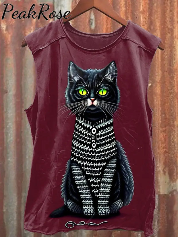 Unisex Retro Cute Cat Art Illustration Printed Casual Cotton Tank Top As Picture / S