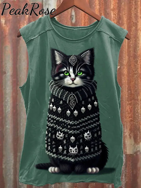 Unisex Retro Cute Cat Art Illustration Printed Casual Cotton Tank Top As Picture / S