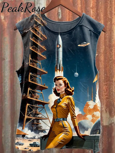 Unisex Retro Female Astronaut Art Illustration Printed Casual Cotton Tank Top Top / S