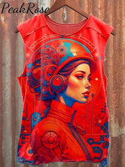 Unisex Retro Female Astronaut Art Illustration Printed Casual Cotton Tank Top Top / S