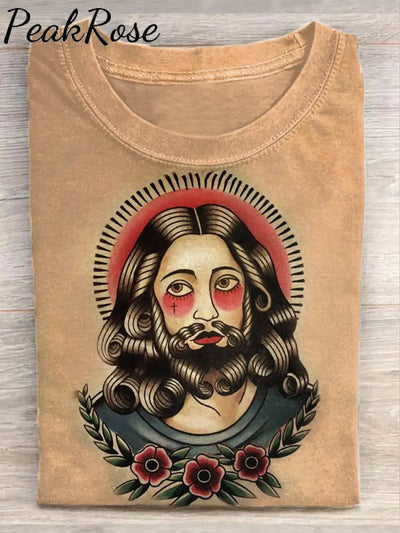 Unisex Retro Jesus Art Illustration Printed Casual Cotton Round Neck T-Shirt As Picture / S