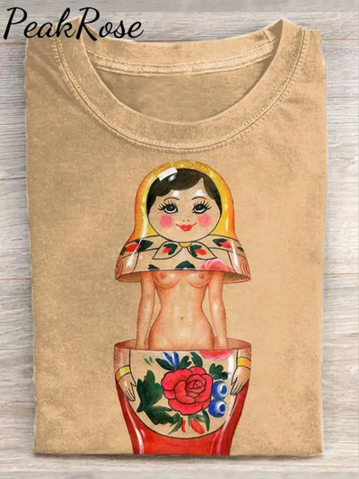 Unisex Retro Matryoshka Art Illustration Printed Casual Cotton Round Neck T-Shirt As Picture / S