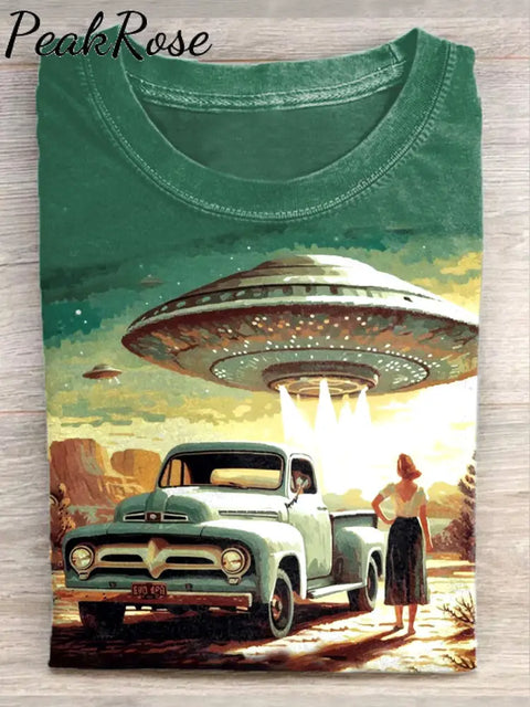 Unisex Retro Sci-Fi Art Illustration Printed Casual Cotton Round Neck T-Shirt As Picture / S