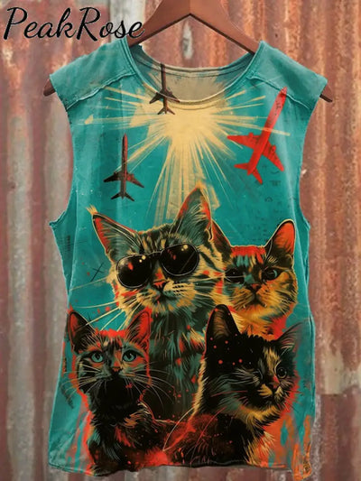 Unisex Retro Sci-Fi Cat Art Graffiti Illustration Casual Cotton Tank Top As Picture / S