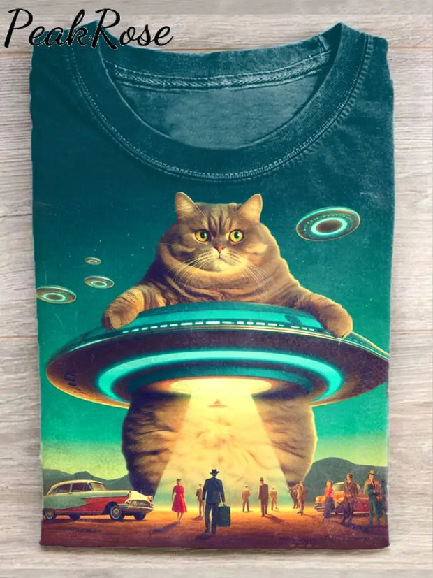 Unisex Retro Sci-Fi Cat Art Illustration Printed Casual Cotton Round Neck T-Shirt As Picture / S