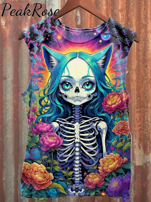 Unisex Skeleton Art Illustration Printed Casual Cotton Tank Top As Picture / S