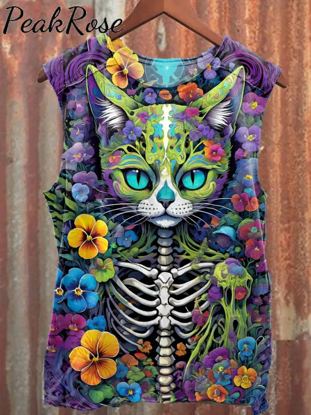 Unisex Skull Cat Art Illustration Printed Casual Cotton Tank Top As Picture / S