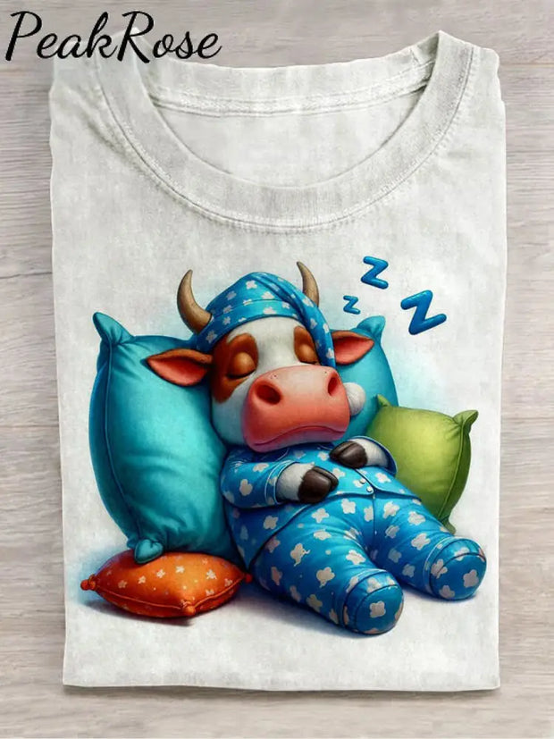 Unisex Sleeping Cow Art Print Short Sleeve Casual T-Shirt Hot Sell