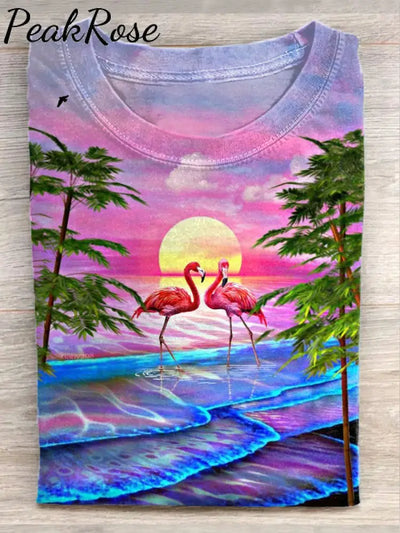 Unisex Summer Sunset Flamingo Art Illustration Print Casual T-Shirt As Picture / S