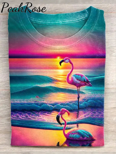 Unisex Summer Sunset Flamingo Art Illustration Print Casual T-Shirt As Picture / S