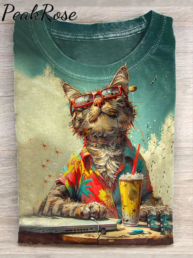 Unisex Summer Vacation Cat Art Illustration Printed Casual Cotton Round Neck T-Shirt As Picture / S