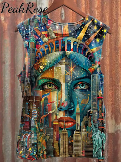 Unisex Vintage Statue Of Liberty Art Graffiti Illustration Casual Cotton Tank Top As Picture / S