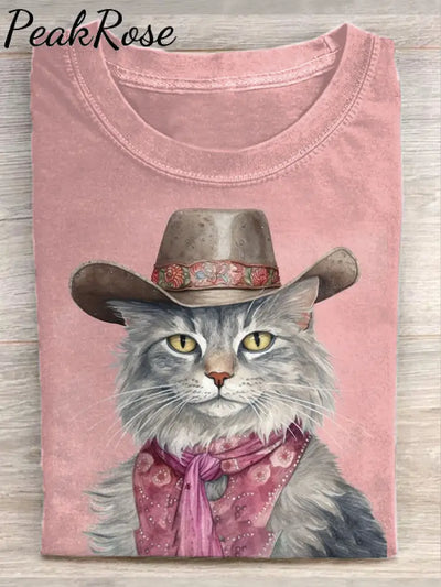 Unisex Western Cowboy Cute Cat Art Graffiti Illustration Casual Round Neck T-Shirt As Picture / M