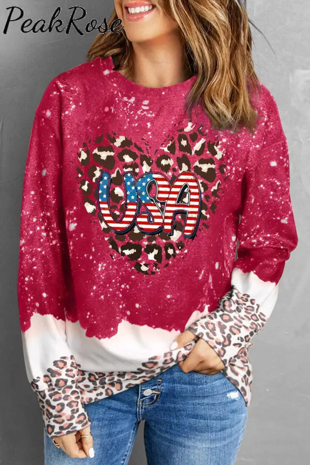 Usa America Flag Heart-Shape Leopard Round Neck Shift Casual Sweatshirt