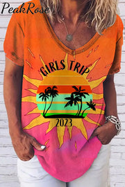 Vacation 2023 Palm Tree Summer Family Besties Holiday Girl Trip Loose T-Shirt Raw Edges