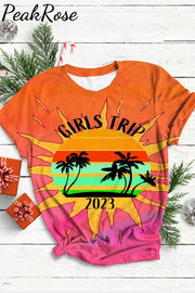 Vacation 2023 Palm Tree Summer Family Besties Holiday Girl Trip Round Neck Short Sleeve T-Shirt