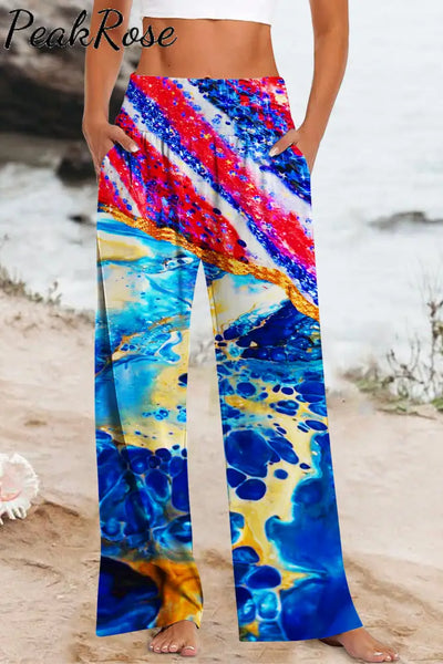 Vacation Beach Ocean Waves Trendy Texture & Tie-Dye American Flag High Waisted Baggy Pants With