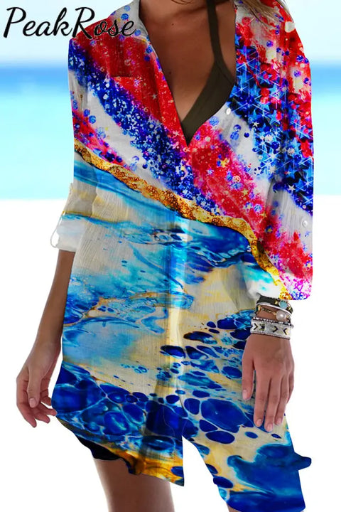 Vacation Beach Ocean Waves Trendy Texture & Tie-Dye American Flag Patch Front Pockets Shirt