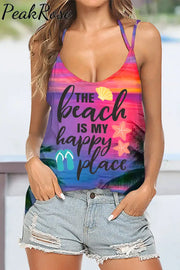 Vacation Series Romantic Seaside Sunset Palm Trees The Beach Is My Happy Peace Halter Top Tops