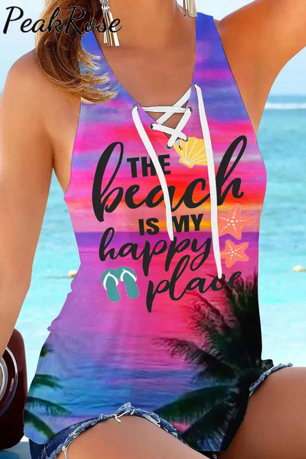 Vacation Series Romantic Seaside Sunset Palm Trees The Beach Is My Happy Peace Lace Up Tank Top