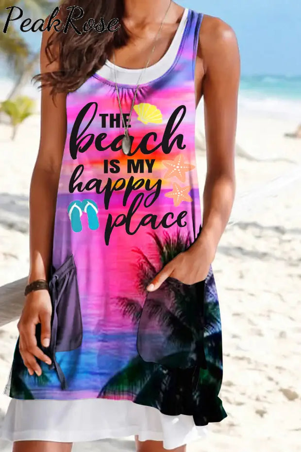 Vacation Series Romantic Seaside Sunset Palm Trees The Beach Is My Happy Peace Mock Two-Piece Tank