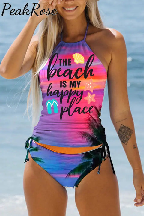 Vacation Series Romantic Seaside Sunset Palm Trees The Beach Is My Happy Peace Print Halter Swimsuit