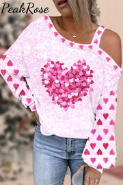 Valentine’s Day Pink Glitter Heart Off-Shoulder Blouse