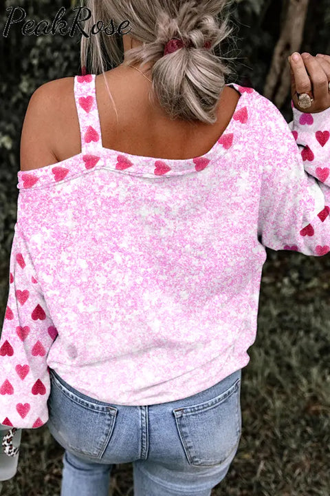 Valentine’s Day Pink Glitter Heart Off-Shoulder Blouse