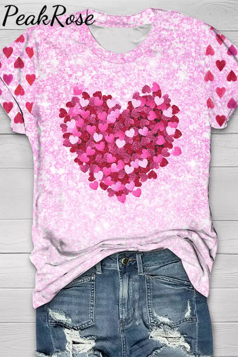 Valentine’s Day Pink Glitter Heart Short-Sleeved T-Shirt Top