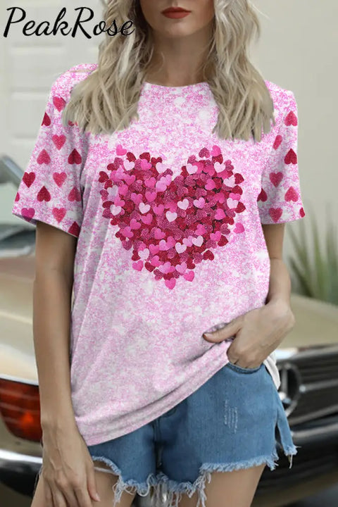 Valentine’s Day Pink Glitter Heart Short-Sleeved T-Shirt Top