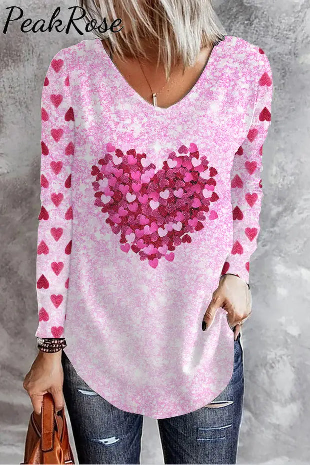 Valentine’s Day Pink Glitter Heart V Neck Casual Long Sleeve T-Shirt