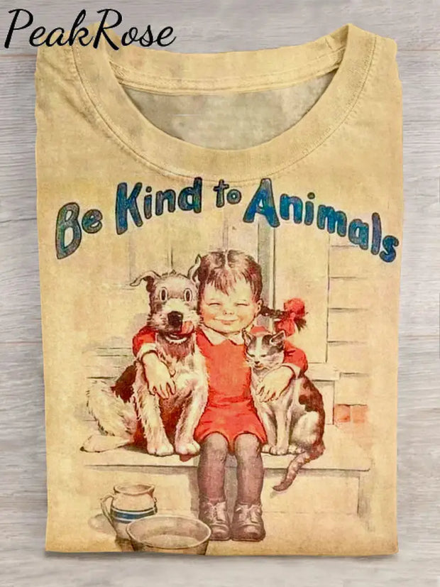 Vintage Be Kind To Animal Art Print Casaul Short Sleeve T-Shirt Khaki / S Hot Sell