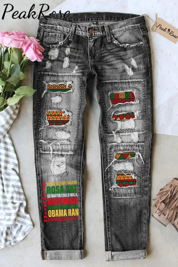 Vintage Black History Month African American Inspiring Printed Ripped Denim Jeans / S