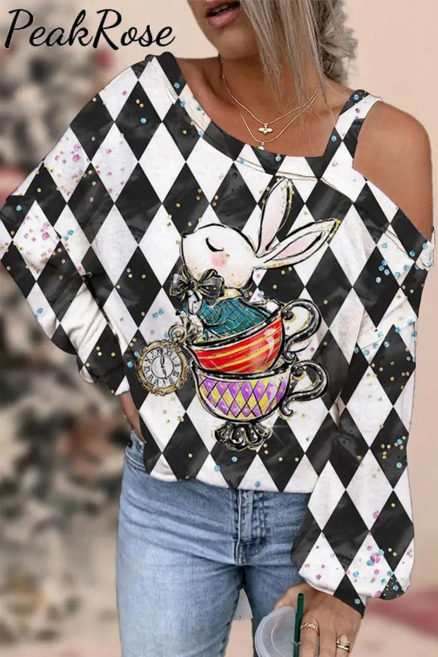 Vintage Black With White Plaid Teacup Bunny And Clock Printed Off-Shoulder Blouse