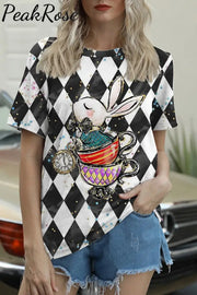 Vintage Black With White Plaid Teacup Bunny And Clock Printed Round Neck Short Sleeve T-Shirt