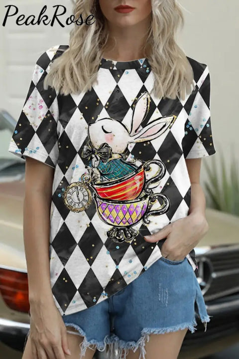 Vintage Black With White Plaid Teacup Bunny And Clock Printed Round Neck Short Sleeve T-Shirt