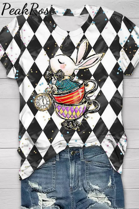 Vintage Black With White Plaid Teacup Bunny And Clock Printed Round Neck Short Sleeve T-Shirt