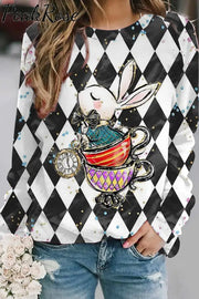 Vintage Black With White Plaid Teacup Bunny And Clock Printed Sweatshirt