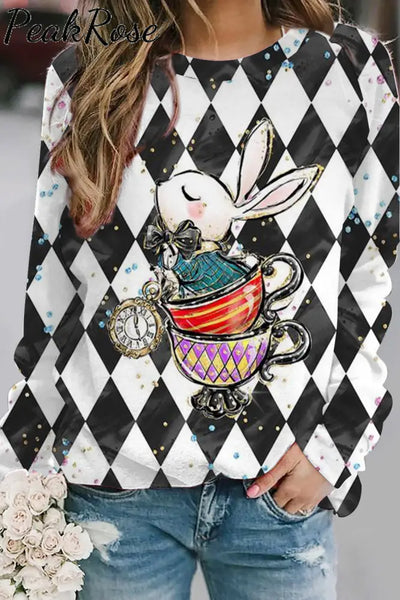 Vintage Black With White Plaid Teacup Bunny And Clock Printed Sweatshirt S /